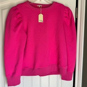 JODIFL Textured Puff Sleeve Sweatshirt – Bright Pink, Boutique Style Pullover, L